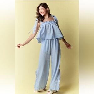 821. Gingham bow tie ruffle pajama set in blue and white